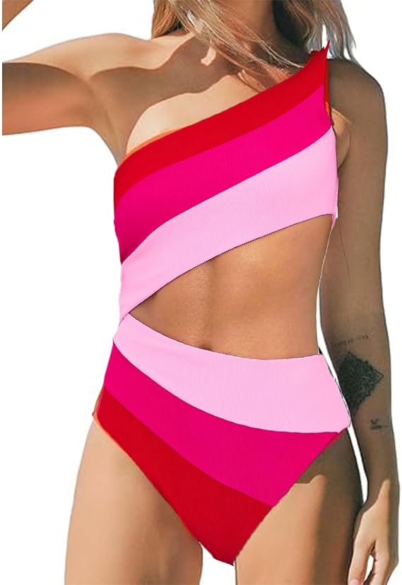 MXVPY One Piece Swimsuits for Women Cabo One Shoulder Color Block Monokini Swimwear High Waisted Cutout Bathing Suits