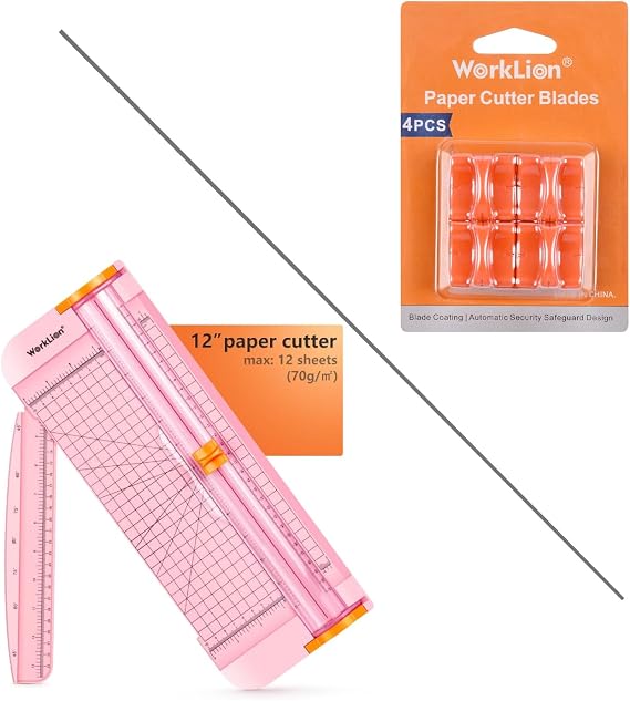 WORKLION Straight Paper Cutter and blade For crafting Pink 12 Inch Paper Trimmer With Security Safeguard and Side Ruler, Perfect for Cardstock, Coupon,Photos and Crafting Paper.