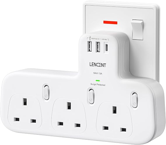 LENCENT 3 Way Plug Extension with 1 USB C and 2 USB Ports, Surge Protected
