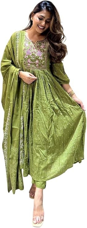 Heavy Green Cotton Embroidered For Women Ready To Wear Salwar Kameez With Dupatta