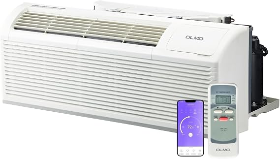 OLMO 12,000 BTU PTAC Heating & Cooling Packaged Terminal Air Conditioner & Heat Strip Built-In 3.5kW Electric Heater Includes Wireless Smart Kit, Remote & Power Cord R-32 Refrigerant