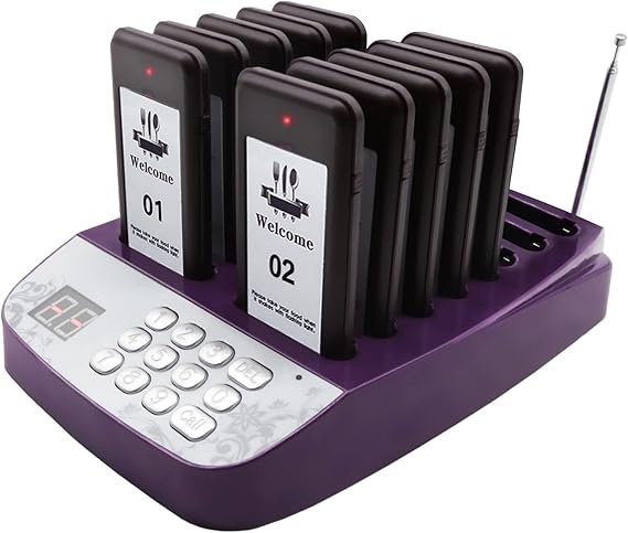 Daytech 10-Pack Wireless Pager System - Social Distancing Buzzer & Guest Calling Device for Restaurants, Retail, Healthcare (Waterproof, Rechargeable Beepers)