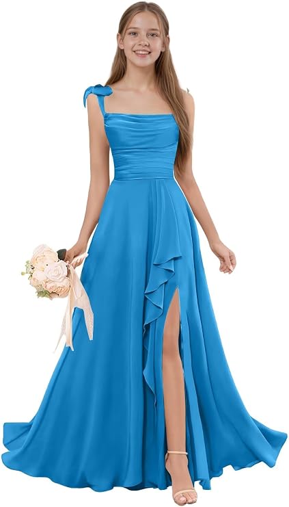 Spaghetti Straps Chiffon Junior Bridesmaid Dresses Flower Girl Dress for Wedding Ruffle Formal Gown for Girls