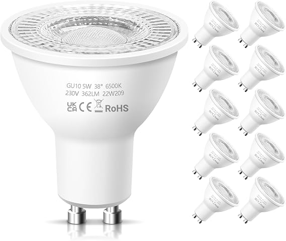 GU10 LED Spotlight Bulbs, Cool White 6500K 5W Energy Saving Light Bulbs, (Equivalent to 50W) 362LM Halogen Spotlight Bulbs, Non-dimmable 240V, LED Bulbs for Ceiling, Pack of 10 [Energy Class F]