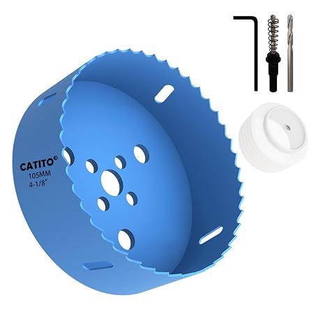 CATITO 4-1/8" Bi-Metal Hole Saw Drill Bit, Hole Saw for Recessed Lights, 4-1/8 Inch Hole Cutter with Dust Bowl Catcher for Led Recessed Lighting, Ideal for Plastic, Wood, Plywood (105mm4-1/8in)