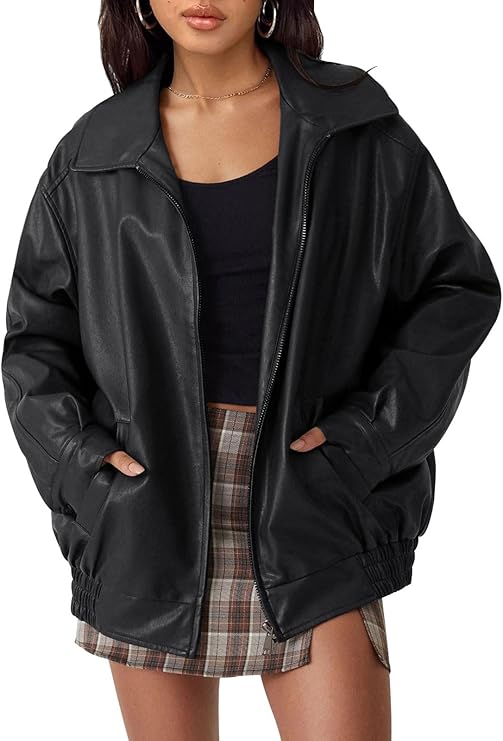 AUTOMET Women's Oversized Faux Leather Jacket for Fall and Winter