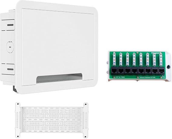 Legrand On-Q 9 in-Wall Media Enclosure + 8-Port Cat5e Network Interface Module Bundle Recessed Structured Wiring Box with Ethernet Distribution Panel