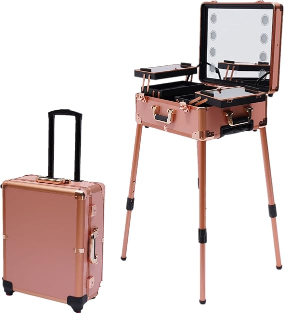 Rolling Cosmetic Organizer w/locks, 22" Portable Makeup Station with Mirror & LED Lamp, Professional Rolling Makeup Train Case Cosmetic Trolley Makeup Storage Organizer Makeup Train Case