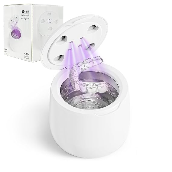 Ultrasonic Denture Cleaner Machine,Portable 42kHz with UV Light False Teeth Cleaner for Retainers, Aligners, Dentures, Mouthguards, Braces, Jewelry - One Button Operation, white | Ultrasonic Cleaning