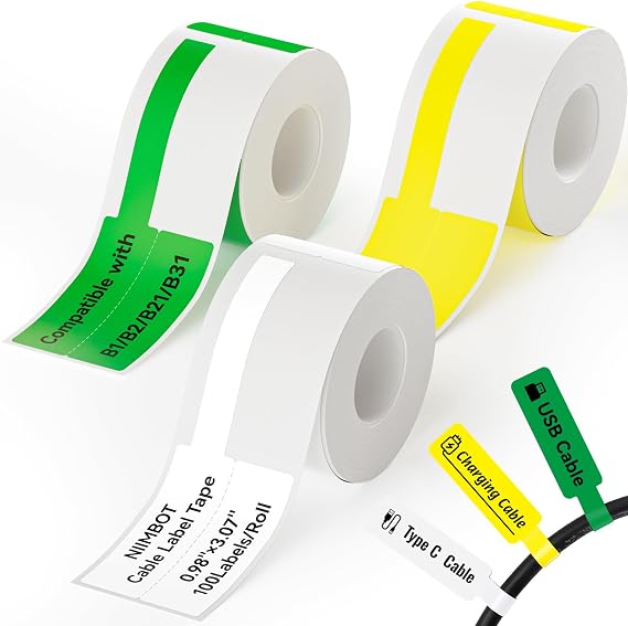 NIIMBOT Cable Labels 3 Rolls Set for B1/B21/B2/B31 Label Maker, 3 Colors | 25x78mm (0.98'' x 3.07'') 100 Labels/Roll, Refill Labeling Tape for Home School Office Small Business, White/Yellow/Green