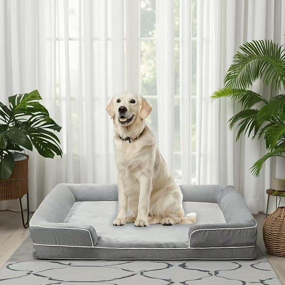 7.5" H Orthopedic Dog Bed for Large Dogs Memory Foam, Bolster, Grey | 42"x30" Large dog bed with washable cover, waterproof lining, non-slip bottom,tear-resistant sides