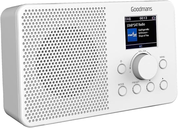 Goodmans Compact DAB Digital and FM Bluetooth Radio, Large Colour Display, Alarm Clock, Sleep Timer, Portable, with Aux-In Port