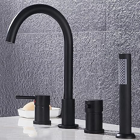 Shower Head Set, Bath Mixer Tap Deck Mount 4 Hole Bath Taps Set with Shower, Bathroom Shower Mixer Tap Tub Tap Black+Chrome,Black