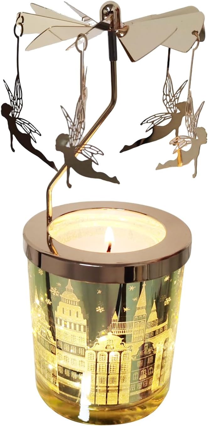 Kingnero Lavender Scented Candle with Carousel Holder, Gold-Plated Metal, Star Theme, Tabletop Candle Holder, 15cm Height, Birthday Gift (Golden Fairy)
