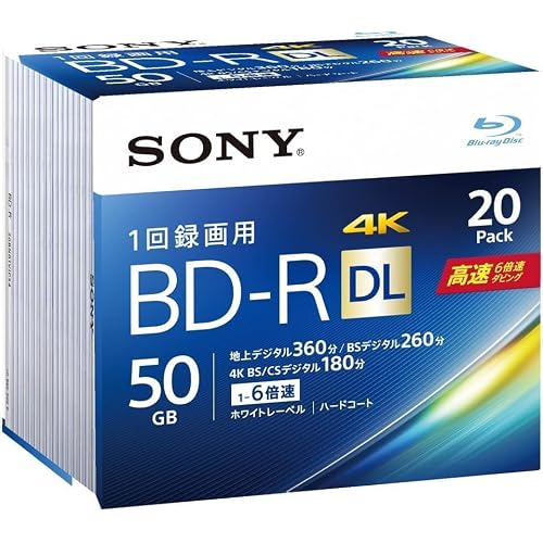 Sony 20BNR2VJPS6 BD-R DL 50 GB Blu-ray Disc Approx. 6 Hours per Sheet, For Single Recording, 20 Discs, 6x Speed Dubbing, Case Included