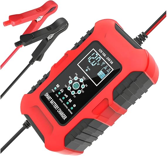 10-Amp Battery Charger, 12V/10A 24V/5A Smart Automatic Maintainer Trickle Charger with Temperature Compensation, 7 Stage Lead Acid AGM LiFePO4 Battery Charger for Cars Motorcycles Boats