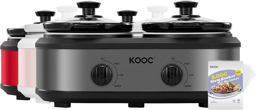 KOOC Triple Slow Cooker Buffet Server and Food Warmer 3x1.5 Quart Individual Temp Control With Lid Rests & Spoons With Liners Included Grey
