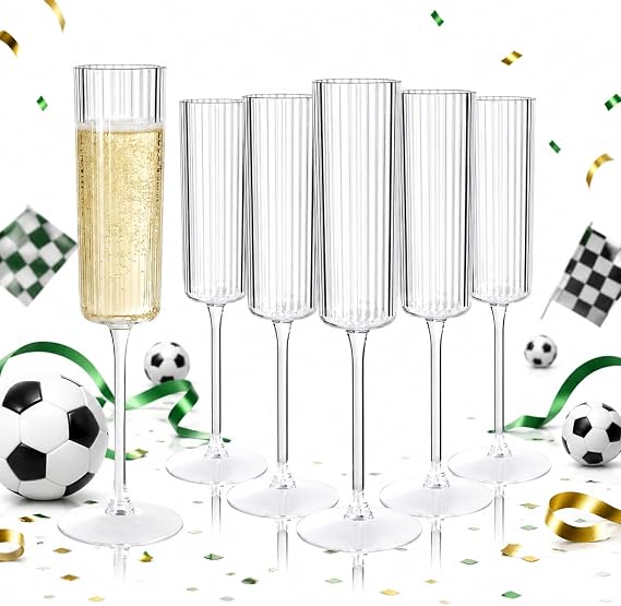 36 Pack Plastic Champagne Flutes - 6oz Clear Ribbed Disposable Champagne Glasses - Vintage Mimosa Glasses with Long Stem - Elegant Sparkling Wine Stemware for Wedding, Party