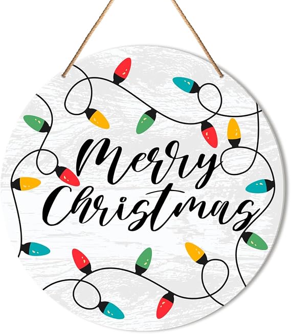 Muktoujaumai Merry Christmas Sign Front Door Decor, Christmas Round Hanging Sign Decor Xmas Holiday Wall Decorations Winter Wood Sign for Door, Porch, Home