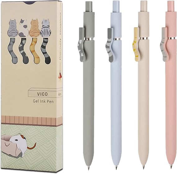 VICO Cat Pens, 4 Pcs Cute Kawaii Gel Pens, 0.5mm Black Ink Fine Point Retractable Pens, Quick Dry Smooth Writing, Back to School Supplies & Cat Lover Gifts