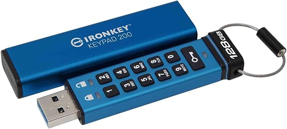 Kingston Ironkey Keypad 200 128GB Encrypted USB | Alphanumeric Keypad | Multi-Pin Access | XTS-AES 256-bit | FIPS 140-3 Level 3 Certified | Brute Force & BadUSB Protection | IKKP200/128GB,Blue