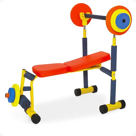 Redmon Fun & Fitness for Kids Adjustable Weight Bench Press Set w/ Barbell & Foam Weights | Barbell & Foam Weights