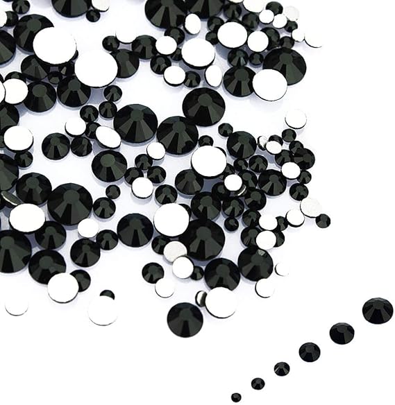 LolliBeads Resin Crystal Round Nail Art Mixed Flat Backs Acrylic Rhinestones Gems,Mix Size 1.5-5 mm, Color Black (1200Pcs)