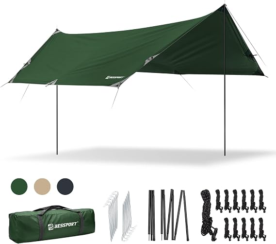 Camping Tarp, 169.8FT with 2 Poles, Lightweight Car Awning Sunshade, Portable Multifunctional Backpacking, PU 3000mm Waterproof Rain Fly Hammock Tarp for Outdoor,Traveling, Hilking