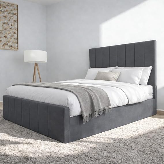 Upholstered Bed Frame with Vertical Padded Headboard, Modern Plush Velvet 4ft6 Double 5ft King Size, Black Grey Cream, Solid Pine Slats (Grey, Double)