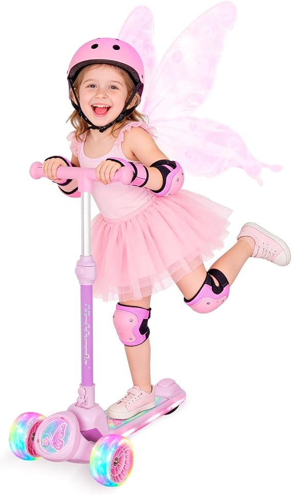 Nattork Kids Scooter for Girls with Light Up Wheels, Deck and Headlight, Wide Anti-Slip Deck and T-bar Handle with Rear Foot Brake, Adjustable Height 3 Wheel Scooter for Kids Ages 3+ and up to 220Lbs