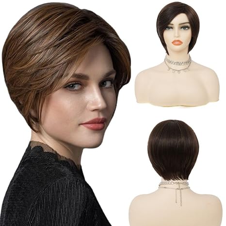 Brown Short Wigs for Women Natural Looking Side Part Full Wig Synthetic Dark Brown Hair Wig for Daily Use