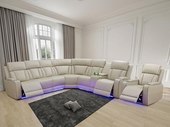 Power Recliner Sectional Sofa for Living Room,Leather Reclining Corner Sectional Couch Set with 3 Recliner Seats,Cup Holder,Storage Console for Home Theater Seating(Beige)