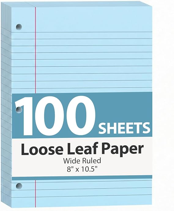HIBOX Loose Leaf Paper Wide Ruled, 100 Sheets 8"x10.5", 3-Hole Punch, Blue