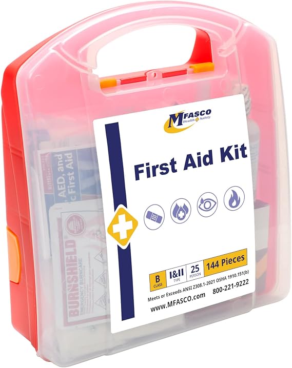 MFASCO Fully Stocked Class B First Aid Kit Plastic Box for Business Use | Workplace First Aid Kit | Plastic Storage Box | Essential Supplies for Business, Home Safety & Emergency Preparedness