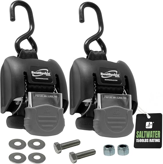 BoatBuckle Retractable Boat Trailer Tie-Downs, Saltwater, 2x43-Inch, 2-Pack | Heavy-Duty Boat Straps, 1,500 lb Break Strength, Hardware Included, for Saltwarer Environments, Bolt on Trailer, F14256
