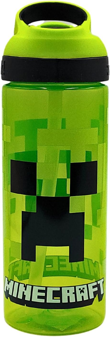 Minecraft Atlantic Creeper Drinks Bottle with Logo | Eco Friendly BPA-free Plastic School Water Bottle with Removable straw, spill Proof | Gift for Minecraft fan | Official Merch 600ML