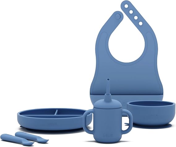 Lalo First Bites Full Kit, 6-Piece Non-Toxic Silicone Baby Feeding Set | Baby Led Weaning Set, Includes 1 Bib, 2 Spoons, Training Cup, Suction Plate & Bowl, BPA-Free, Food Grade Silicone, Blueberry