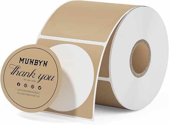 MUNBYN 50x50mm Kraft Circle Thermal Sticker Labels, Multi-Purpose Round Labels for DIY Logo Design, QR Code, Name Tag, Inventory (750/Pack)
