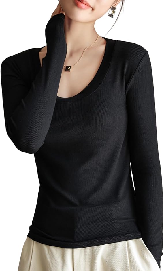 Women's Long Sleeve T-shirt, Cut & Sew T-shirt, Crew Neck, Long Sleeve, Casual Top, Women's, Inner, Solid, Simple, Slimming, Thermal, Windproof, Stretchy, Fashionable