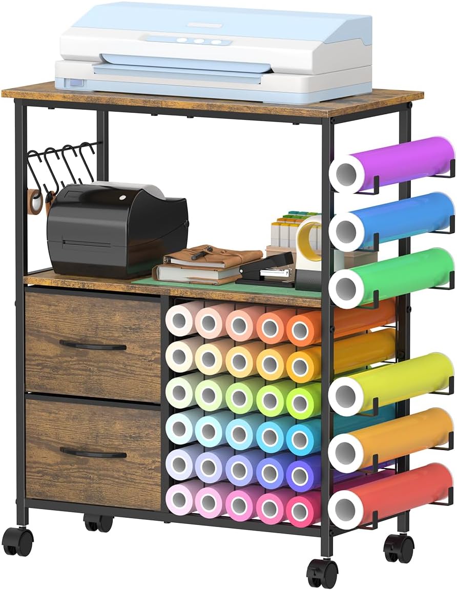 Storage Cart Compatible with Cricut, Roll Holders with 2 Drawers, Rolling Craft Cabinet Table for Accessories Holder,Tool Hook for Craft Room Home