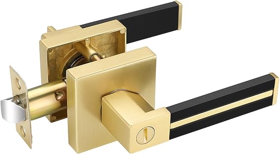 Gold Door Handle 1 Pcs, Privacy Door Levers with Black Leather Handle