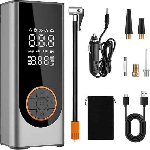 Portable Air Compressor Car Tyre Pump, 6000mAh corded/cordless Dual power supply 150PSI Tyre Inflator Cordless Digital Dual Values Display tyre pump for Car Motorcycle Bike Ball(silver)