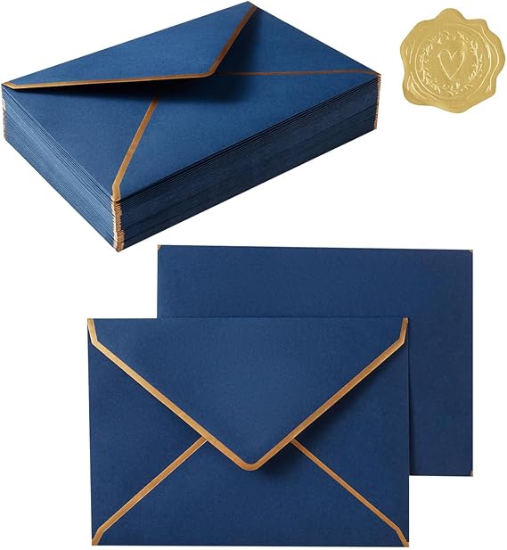50 Pieces A7 Envelopes with Gold Stickers, Navy Blue, 5.24 x 7.21 Inch