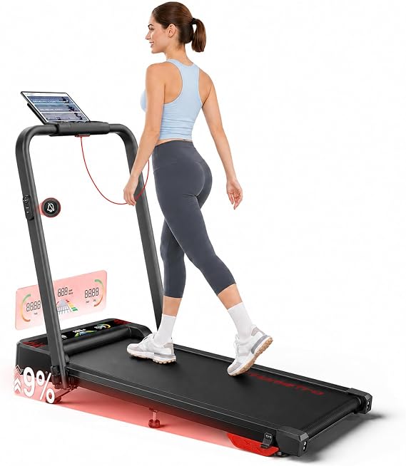 HomeTro 4 in 1 Walking Pad with Incline 9%, Alloy Treadmills for Home Foldable, 2.5HP Dual Display Under Desk Folding Treadmill, 1-12 KM/H Running Walking Pad with Handle, Remote APP Control