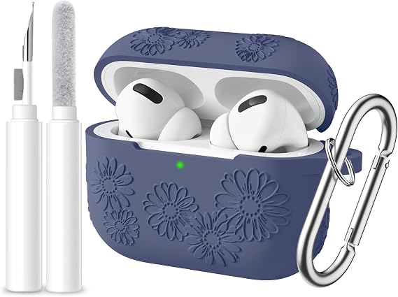 Lerobo Compatible with Airpods Pro 2 Case with Cleaner KIt, Soft Silicone Full Protective Cover with Keychain for Airpod Pro Case Cover, Cute Sunflower Embossed, Dark Blue