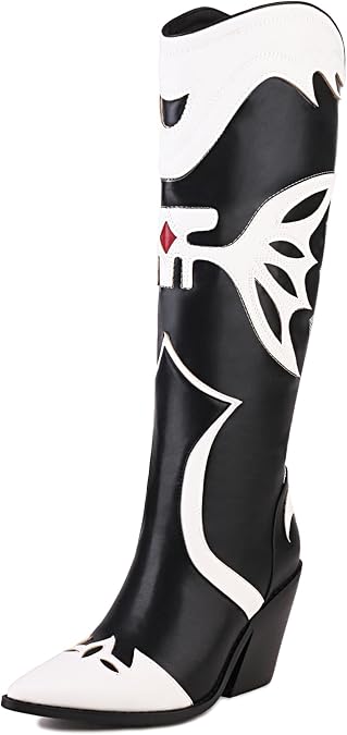 ForeMode Western Cowboy Boots Knee High Wide Calf Cowgirl Boots Chunky Heel and Pointed Toe with Classic Embroidered for Girls Ladies Fall Winter