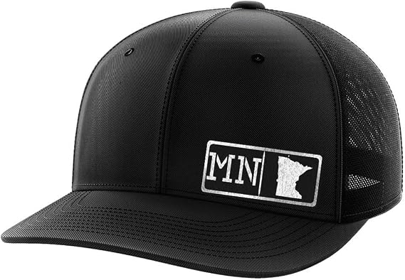 Greater Half Minnesota Blk Leather Patch Trucker Hat USA Made Adjustable Snapback Mesh Homegrown 6-Panel Mid Profile