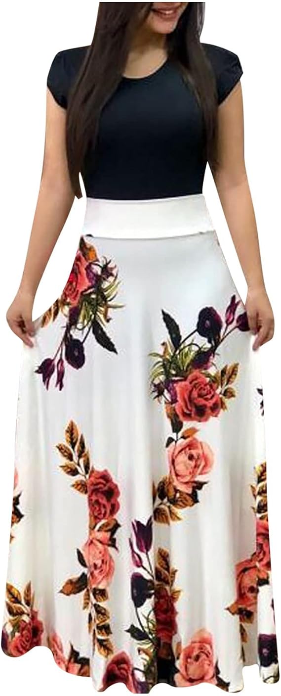 BORAMAX Women Maxi Dress Boho Short Sleeve Waisted Floral Maxi Dresses Casual Long Dresses Cocktail Party Swing Maxi Dress