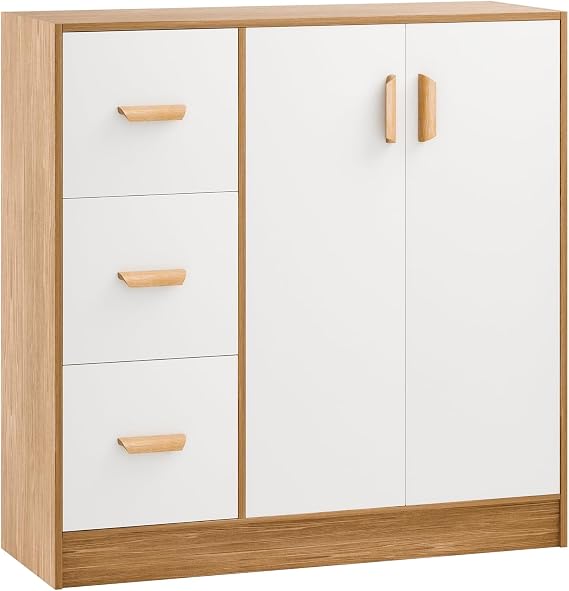 Kitchen Buffet Cabinet, Coffee Bar Storage Cabinet Sideboard with 3 Drawers and 2 Doors, Kitchen Pantry Cabinet Hutch for Kitchen, Dining Room, Livingroom White