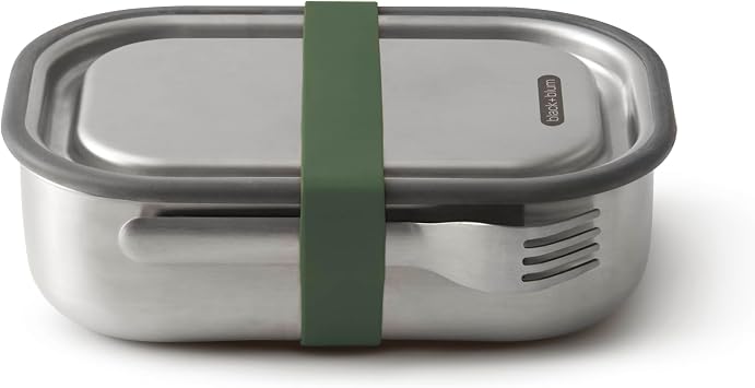 Black+Blum Stainless Steel Lunch Box | Leak Proof 3-in-1 Multi-Functional Plastic Free Vacuum Valve Bento Box with Compartment Divider and Accessories, Olive